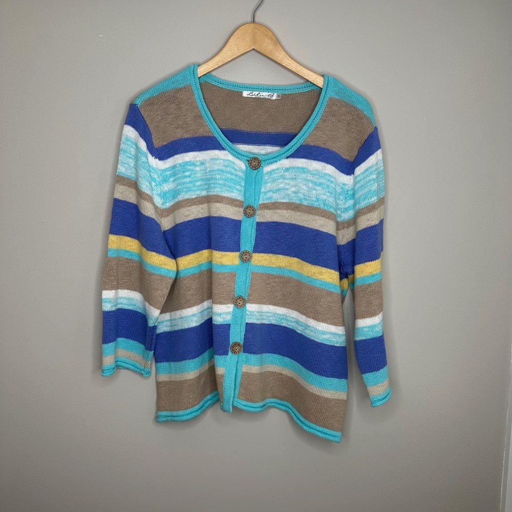 Lulu B Women's Striped Knit Button Front Cardigan Sweater XL Coastal Grandma‎